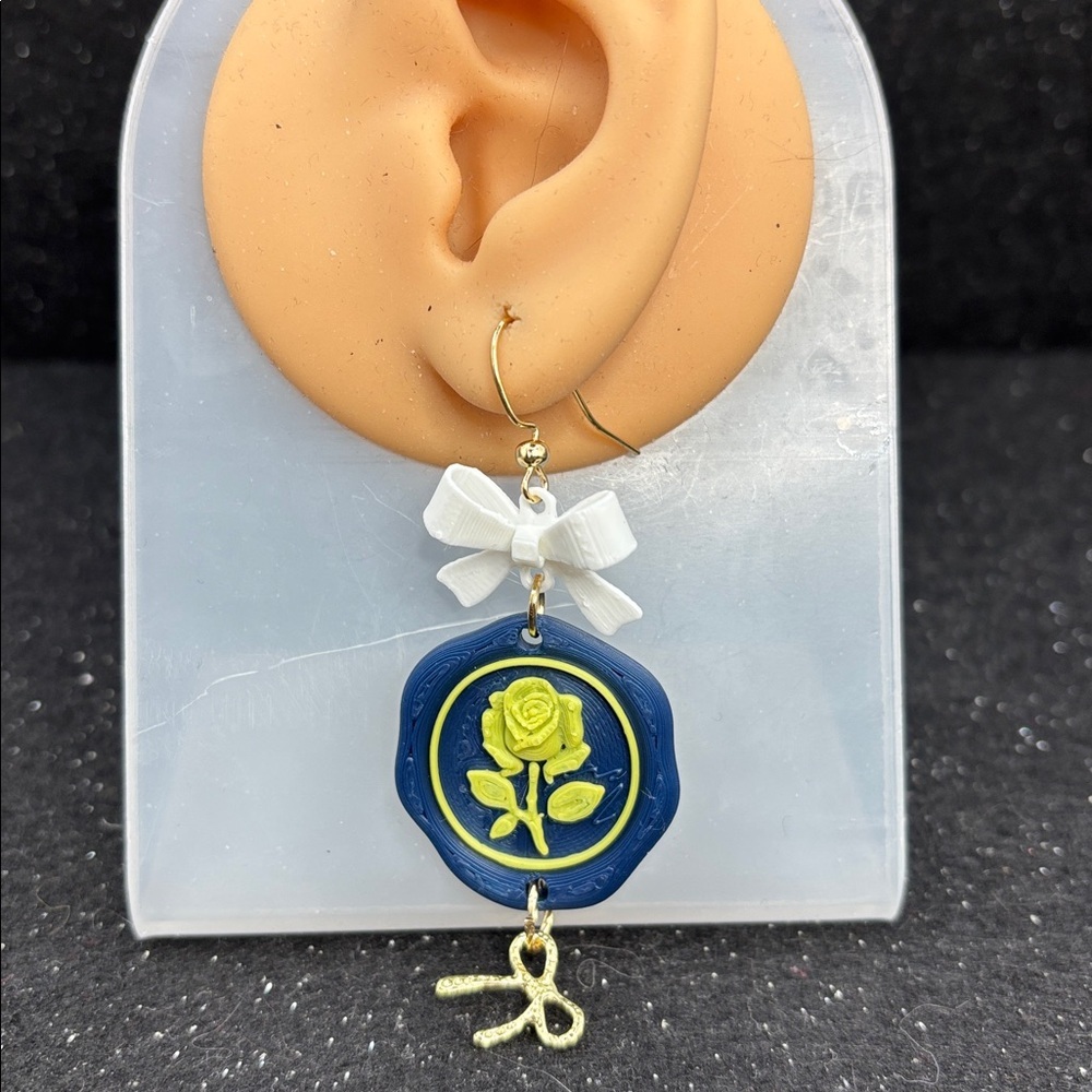 Navy Postage Stamp Rose Earrings with Bow & Gold Charm - Picture 2 of 3